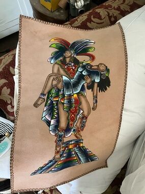 Hand-Painted Aztec Warrior & Maiden Leather Wall Art - Multicolor